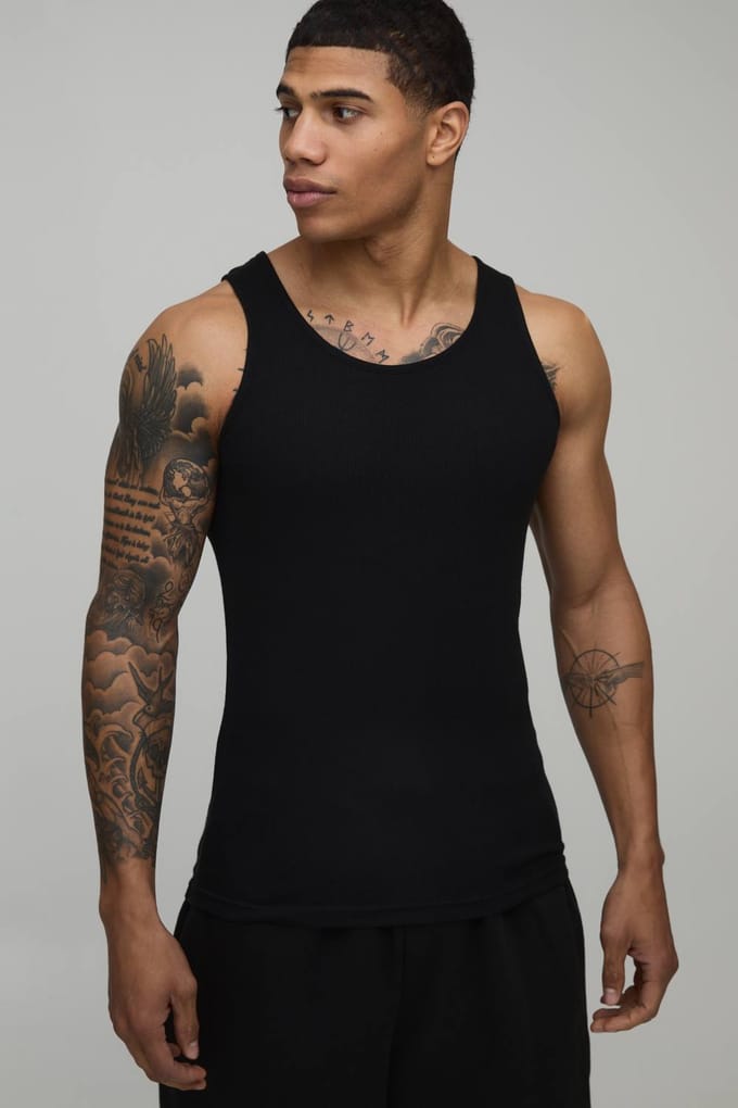 Essential Muscle Fit Ribbed Vest | Black | Size Small