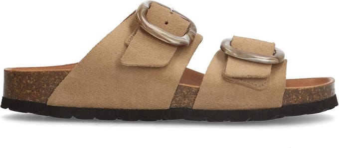 Manfield - Dames - Beige suède slippers met gesp - Maat 37