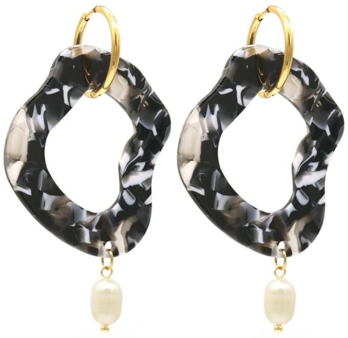 Oorbellen - Abstracte Hanger - RVS - 6 cm - Zwart en Wit