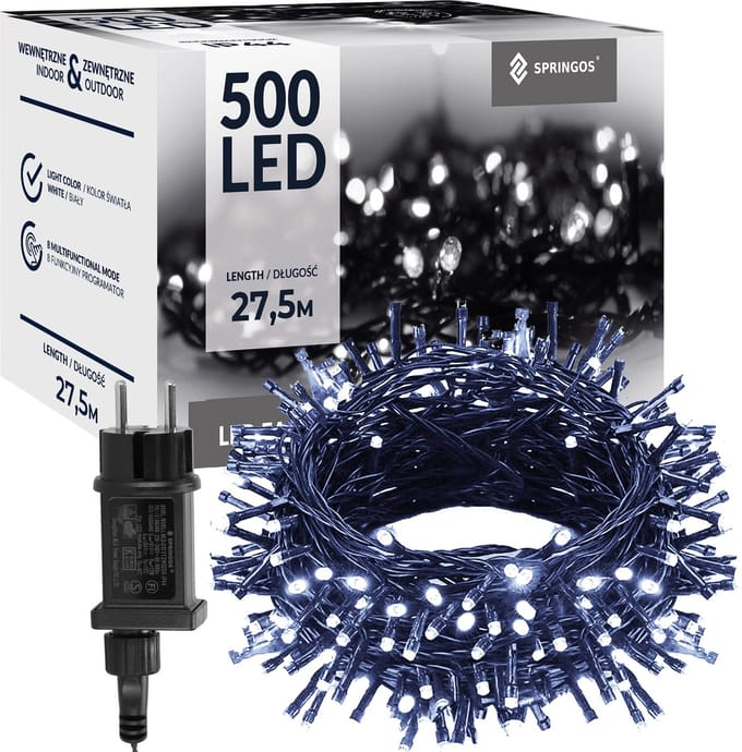 Springos Kerstverlichting | 27,5 m | 500 LED | Koud Wit | 8 Lichtfuncties