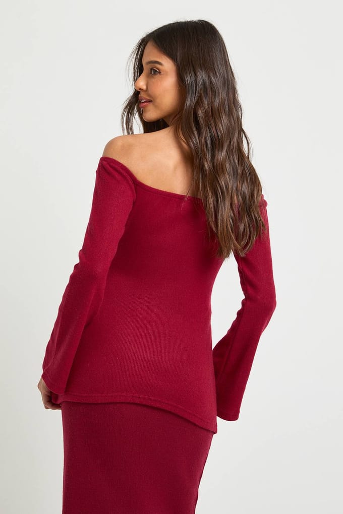 boohoo Dames Geborstelde Rib Bardot Strik Taille Lonline Top | Red | Maat: 12