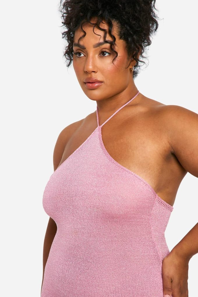 boohoo Dames Plus Glitter Gebreide High Neck Mini Jurk | Roze | Maat: 50