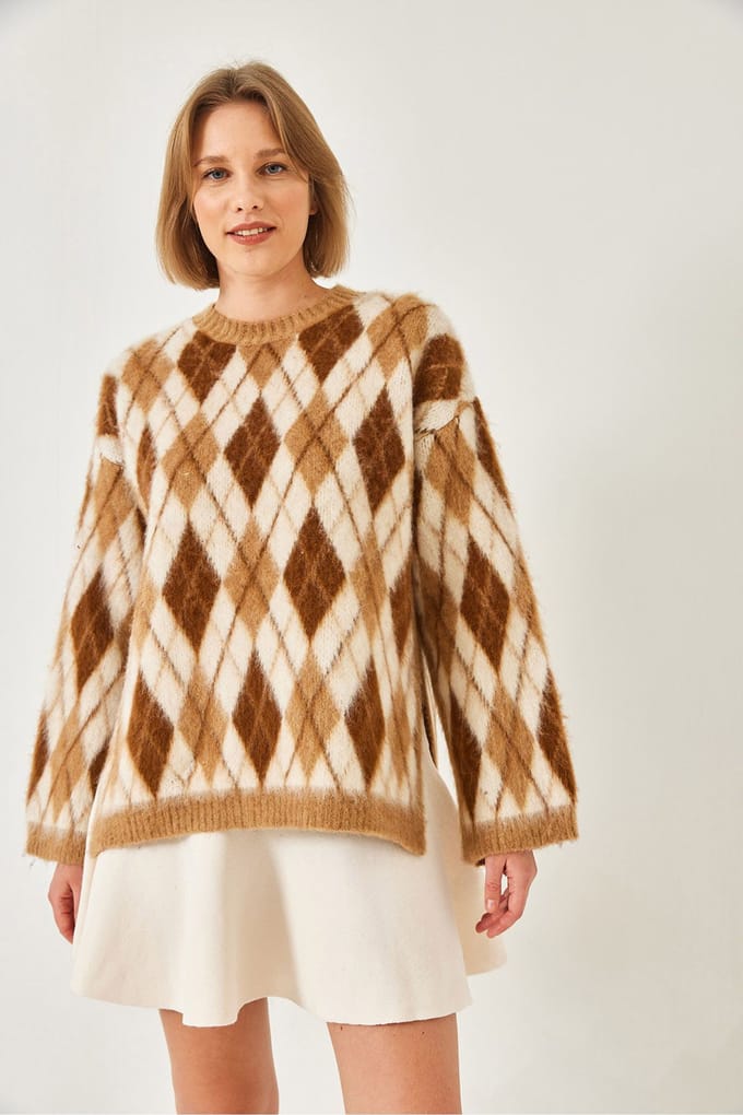Crewneck Split Gebreide Trui in Baklava Patroon