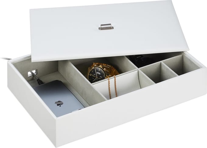 sieradendoos - met deksel - met vakken - 7x32x22 cm - lederlook - wit