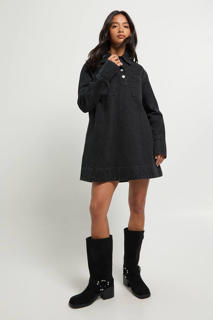 boohoo Dames Petite denim jurk met lange mouwen | Washed Black | Maat: 34