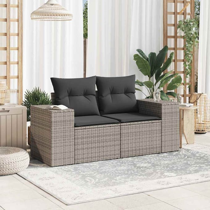 vidaXL - Tuinbank - 2-zits - met - kussens - poly - rattan - grijs