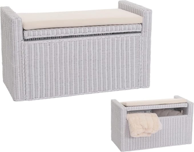 Zitbank met Opbergruimte en Kussen - Witte Rotan Garderobebank 88cm