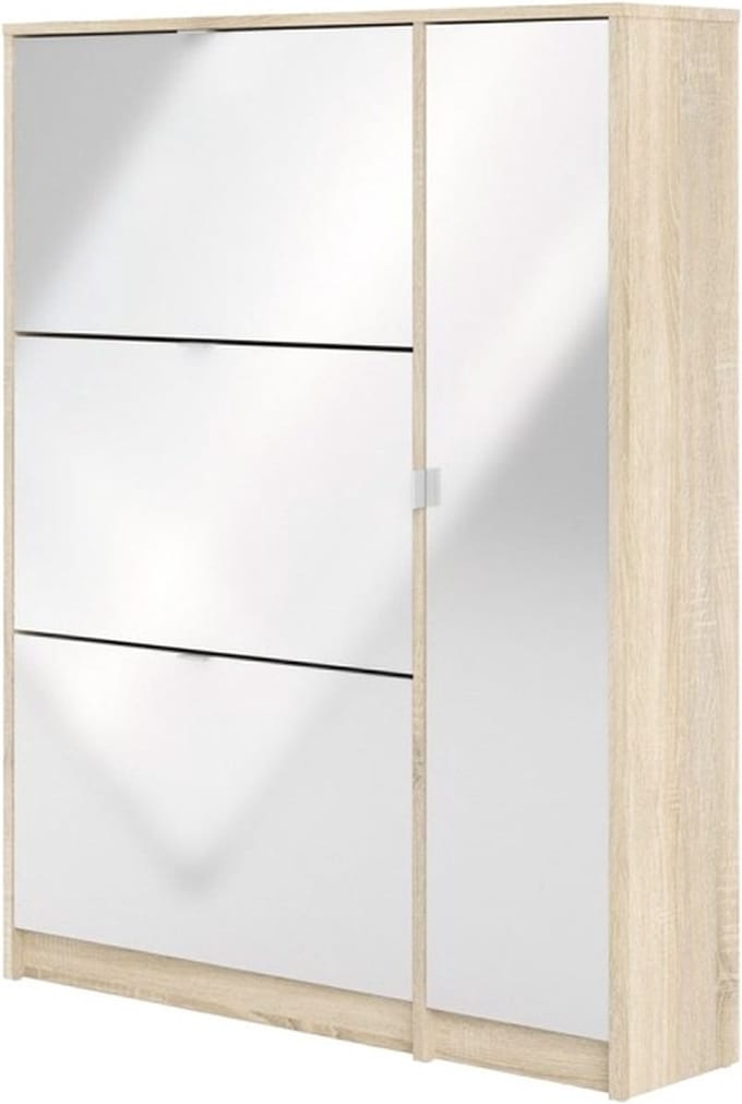 Shane schoenenkast 3 klapdeuren 2R, 1 deur eikenstructuur decor, wit hoogglans.