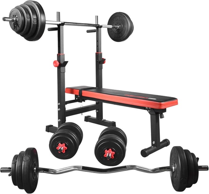 Verstelbare Trainingsbank met Halterstang en 90 kg Gewichten
