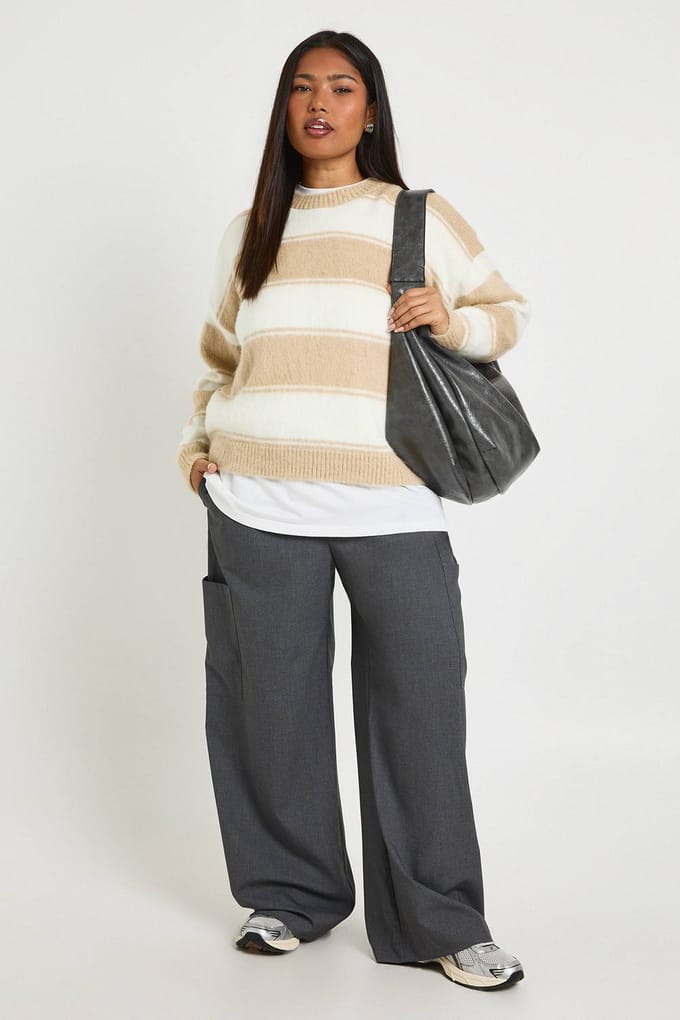 boohoo Dames Plus Oversized Gemêleerde Gestreepte Trui | Ecru | Maat: 16-18