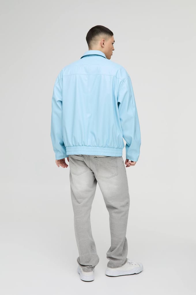 Officieel oversized PU-gegraveerd bomberjack met kraag | Light Blue | Size Medium