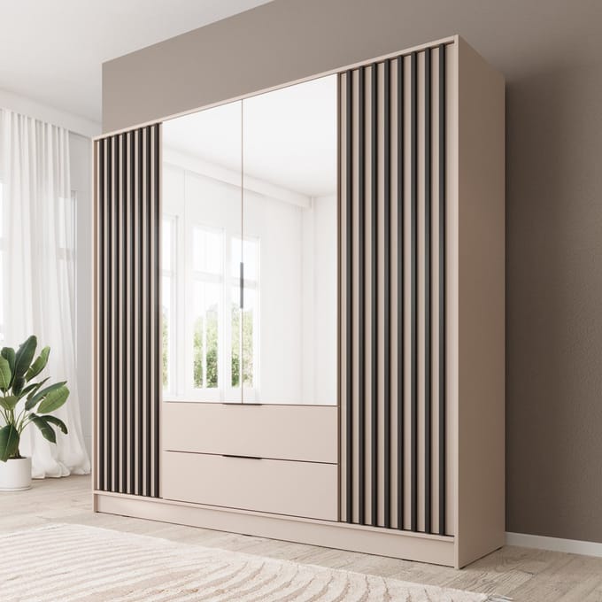 Meubella - Kledingkast Nairobi - Beige - Zwart - 206 cm - met spiegel