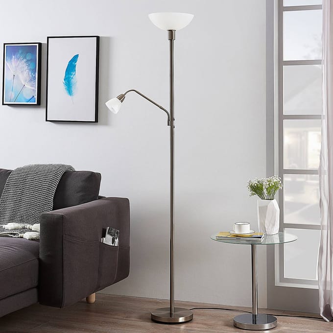 Lindby - vloerlamp - 2lichts - Metaal, polycarbonaat - H: 180 cm - E27 - satijn nikkel, mat wit