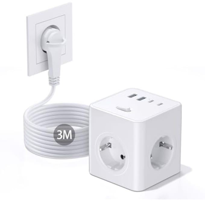 Witte stekkerkubus met 4 stopcontacten en USB-C, 3 meter kabel, schakelaar