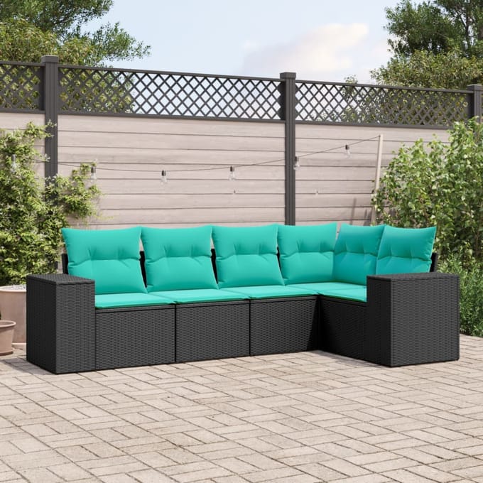 vidaXL - 5-delige - tuinbankset - met - kussens - van - zwart - polyrotan