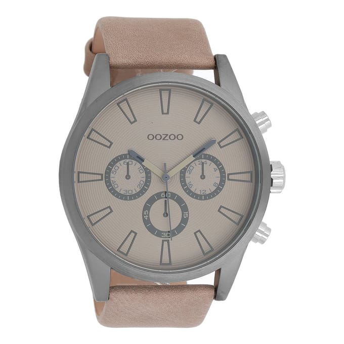 OOZOO Timepieces - Titanium horloge met beige leren band - C8200