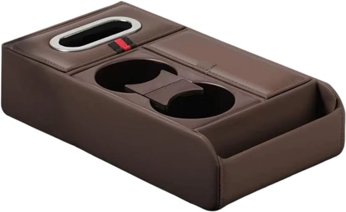 Multifunctionele Auto Opbergbox – Armsteun Verhoging Pad, Tissuehouder, Bekerhouder, Organizer en Luxe Console Pad - Bruin