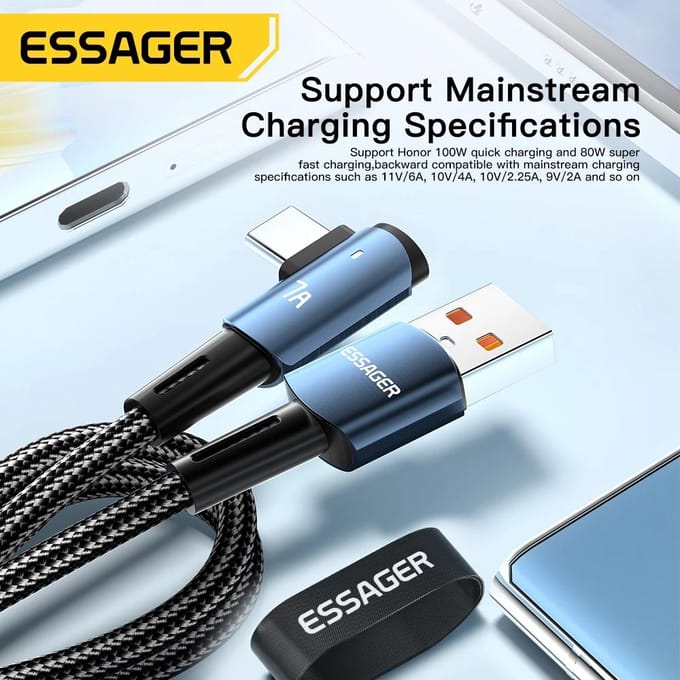 ESSAGER USB-C Kabel 6A QC 66W Super Snel Laden 2m Zwart