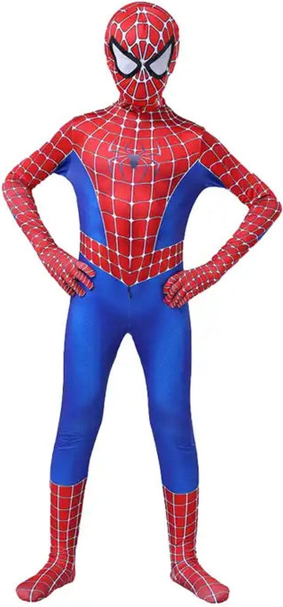 Superheldendroom - Webheld Variatie Kostuum – Rood‑Blauw – Stretch - 110/116 (4/5 Jaar) - Verkleedkleding - Superheldenpak - Actieheld - Carnaval