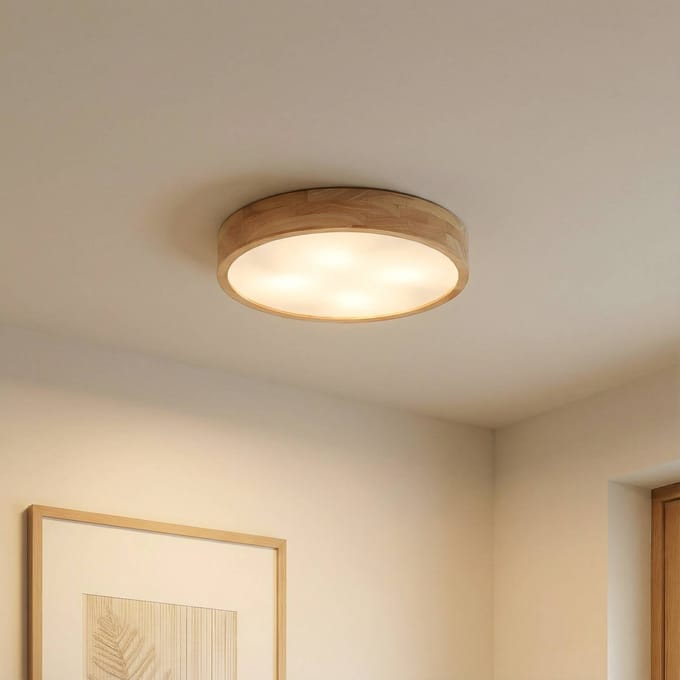 Lindby - plafondlamp hout - 5lichts - rubberhout, kunststof - H: 8 cm - E27 - licht hout, wit