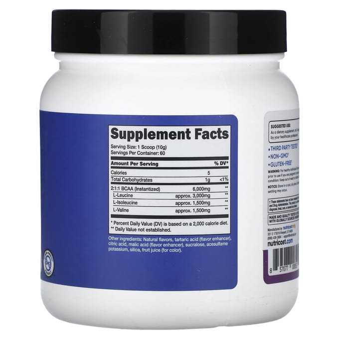 Nutricost, Performance Athlétique, BCAA, Saveur Raisin, 1.3 lb (600g)