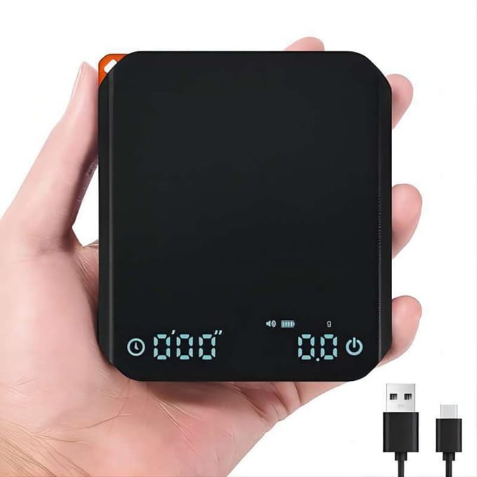 Koffieweegschaal met Timer 2000g/0.1g Oplaadbare Espressoweegschaal Draagbare Digitale Keukenweegschaal met zwart