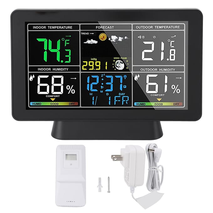 Thermomètre sans fil 7,5 pouces intérieur extérieur, écran couleur à rétroéclairage réglable, humidité, température gray