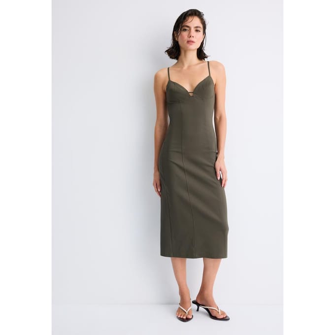 Stradivarius Midi-jurk van Bengaline met bandjes  Kaki XS