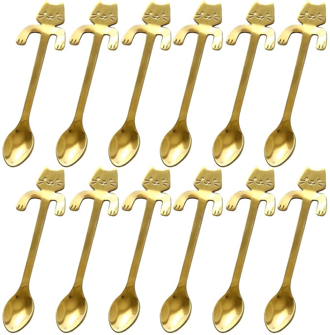 12x Theelepel / Koffielepel Hangende Kat - Goud - 12 Stuks