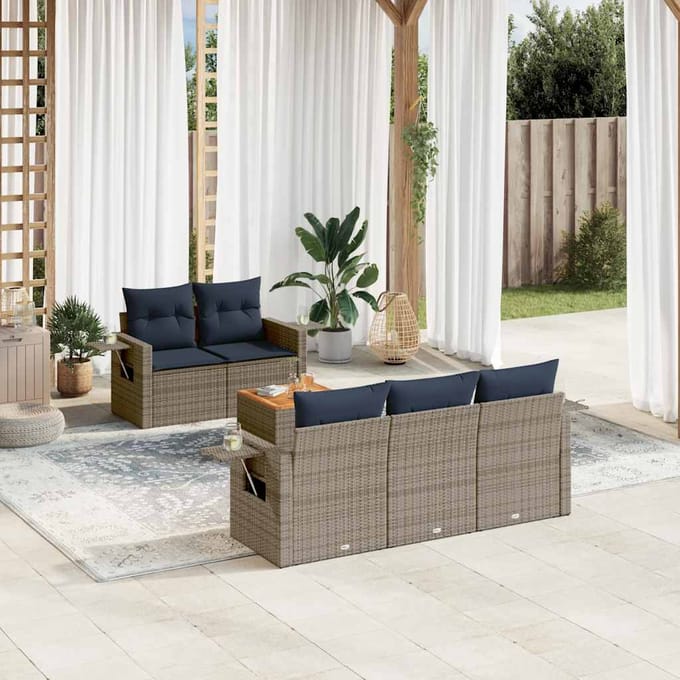 vidaXL - 6-delige - tuinbankset - met - kussens, - grijs - polyrotan