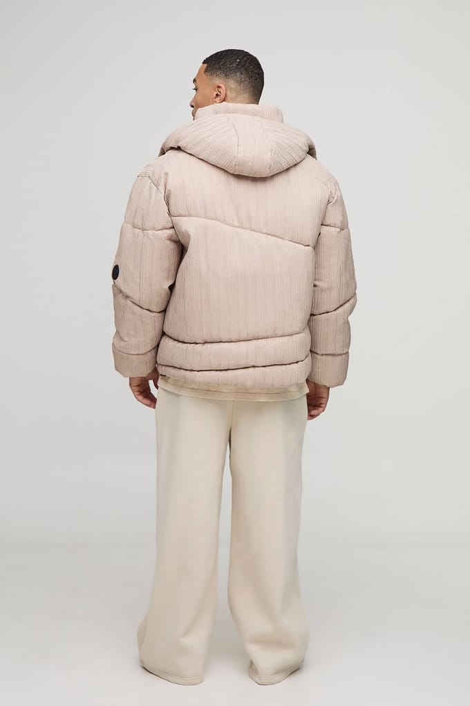 Oversized pasvorm getextureerde capuchon pufferjas | Stone | Size Medium