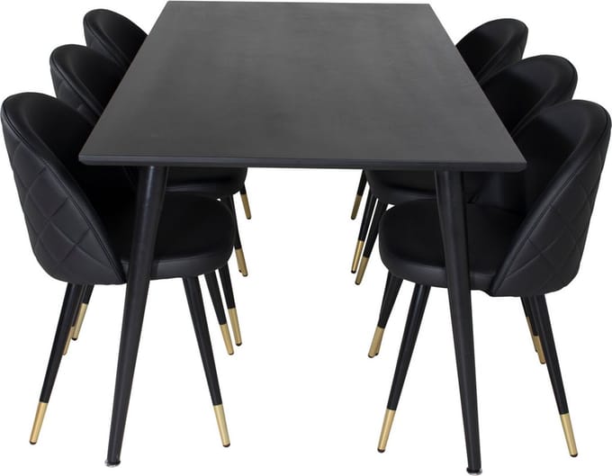 Dipp180x90BLBL eethoek eetkamertafel zwart en 6 Velvet eetkamerstal PU kunstleer zwart.