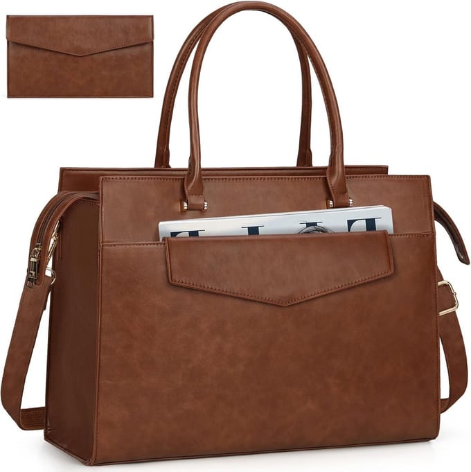 Leren Laptoptas voor Dames 15.6 Inch Tote Bag met Clutch