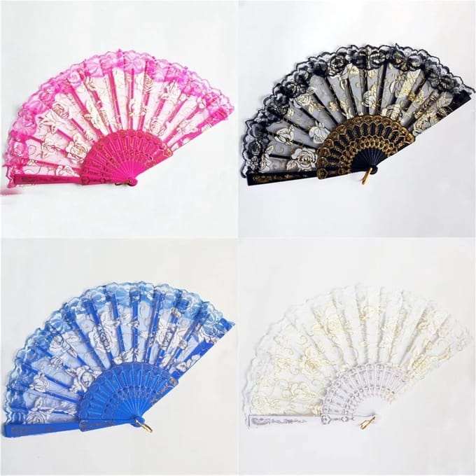 Opvouwbare Handwaaier - Kanten Ventilator - Feestdecoratie - Rose Kant Design - 23 cm - Zwart