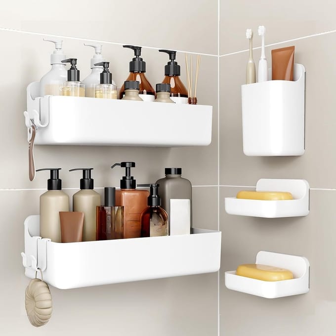 Famanu – Douchecaddy set van 5, boorvrij doucheplanken van ABS, sneldrogend en ruimtebesparend, grote capaciteit, wit