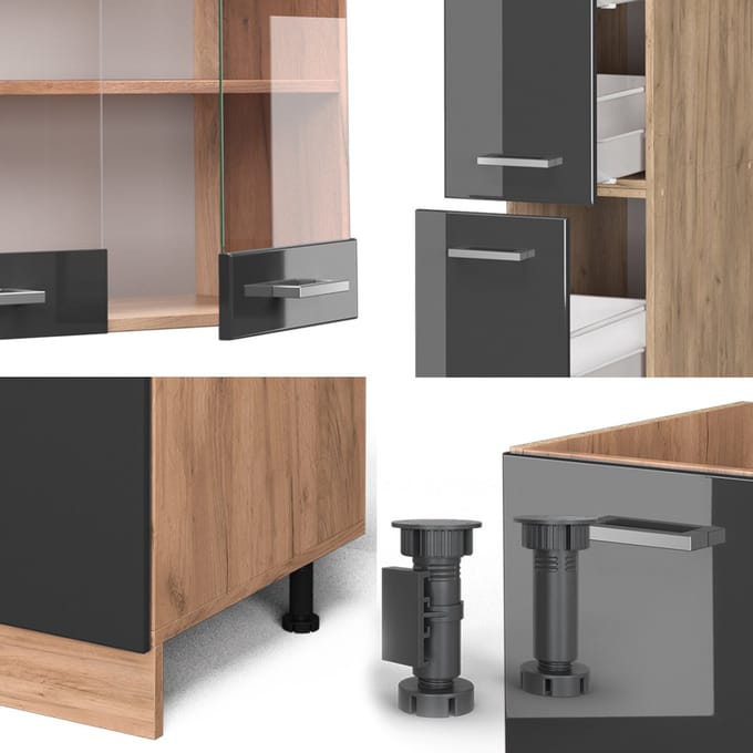 Vicco R-Line Complete keukeneenheid – 350 cm met hoge kast, WB Eik Antraciet hoogglans/goud eiken