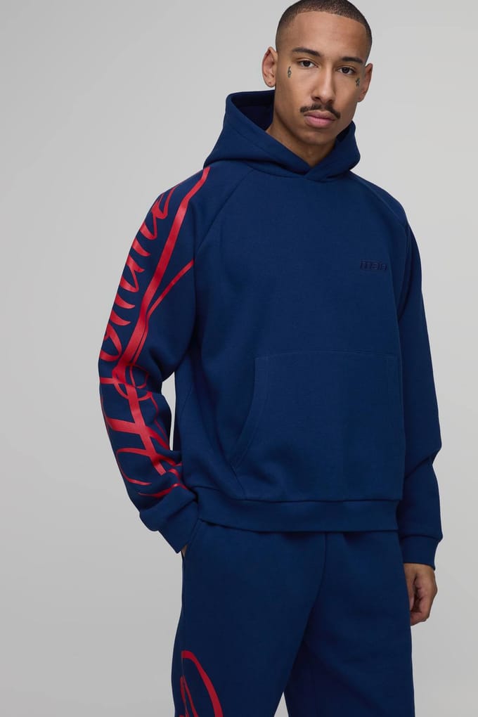 Oversized Boxy Homme Script Hoodie En Relaxed Split Zoom Jogger Trainingspak | Navy | Size Small