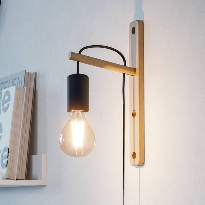 EGLO Pockley wandlamp, projectie 16 cm, zwart/hout, hout