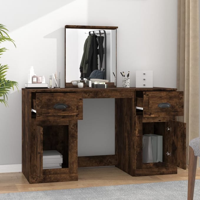 vidaXL - Kaptafel - met - spiegel - 130x50x132,5 - cm - gerookt - eikenkleurig