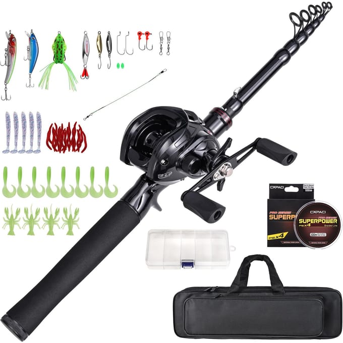 Hengel & Molen Combo Set Draagbaar Telescopisch 180cm/210cm met Spinning Molens Aas en Haak 210R black
