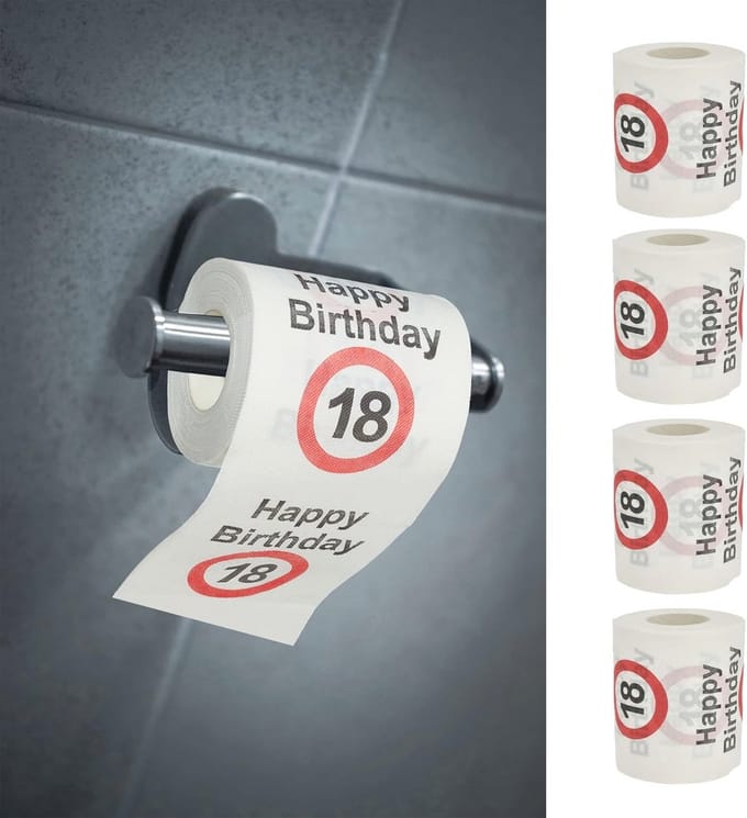 Toiletpapier set voor 18e verjaardag - 4 rollen, 2-laags, 24 meter lang met grappig motief