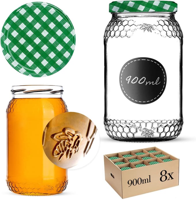 Glazen pot Lierde 900ml 82mm 8 stuks + deksels "Groen rooster"