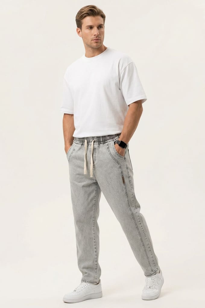 Opvallende Denim Broek met Touwsluiting Taille