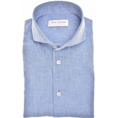 John Miller Overhemd Casual Linnen Cotton Fine Herringbone Pattern Midden Blauw / male