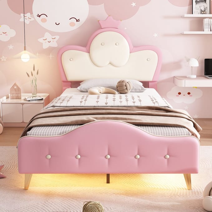 REDOM Bedframe 90x200 cm van PU – Met kroonvormig hoofdbord, golvend design en monochrome LED – Wit & Roze