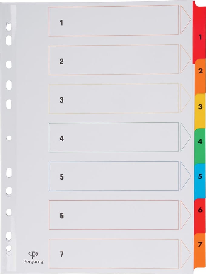 Pergamy tabbladen met indexblad | ft A4 | 11-gaatsperforatie | geassorteerde kleuren | set 1-7