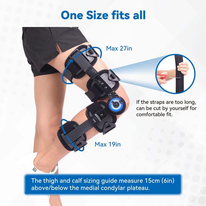 Scharnierende ROM Kniebrace Verstelbare Pasvorm Postoperatieve Knie Immobilisator voor ACL MCL PCL Blessure Orthopedische Bescherming Ondersteuning Stabilisatie Universal zwart