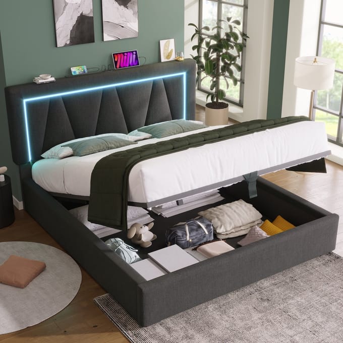 MODFU Bedframe 140x200 cm – Linnen grijs – Met verstelbaar hoofdbord, LED & opbergruimte