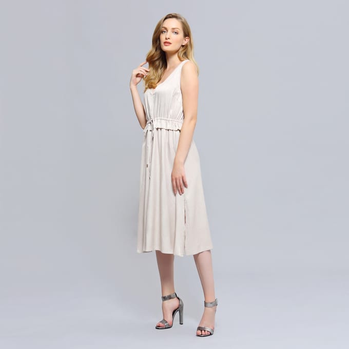 V-hals verstelbare taille midi-jurk