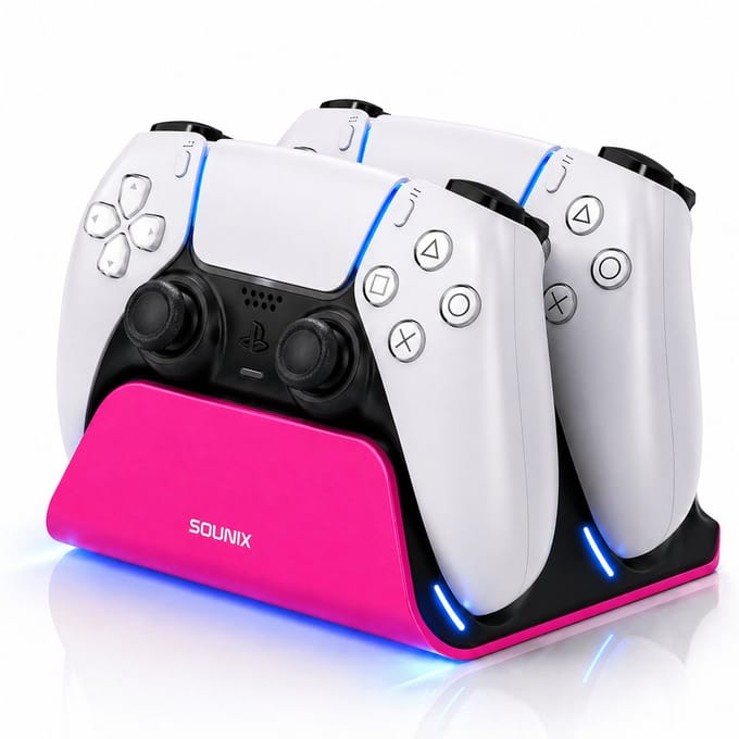 Sounix Oplaadstation geschikt voor PS5 / PS5 Slim / PS5 PRO / DualSense Controller - PS5 accessoires - Dual Oplader - Charging Dock - Roze